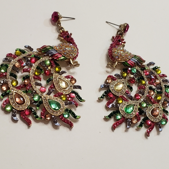 Large Beautiful Rhinestone Peacock Statement Earrings - Picture 10 of 12